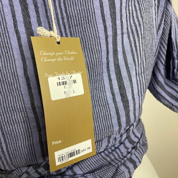 Fair Trade Boho Striped Cotton Cropped Wrap Top with Tie Waist Purple Striped - Picture 5 of 14